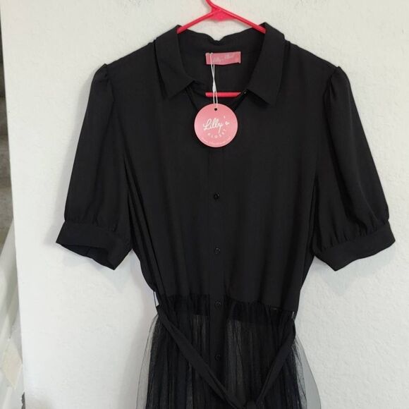 Lillys Top Womens Large Kloset Button Up Tulle Black - Picture 2 of 10